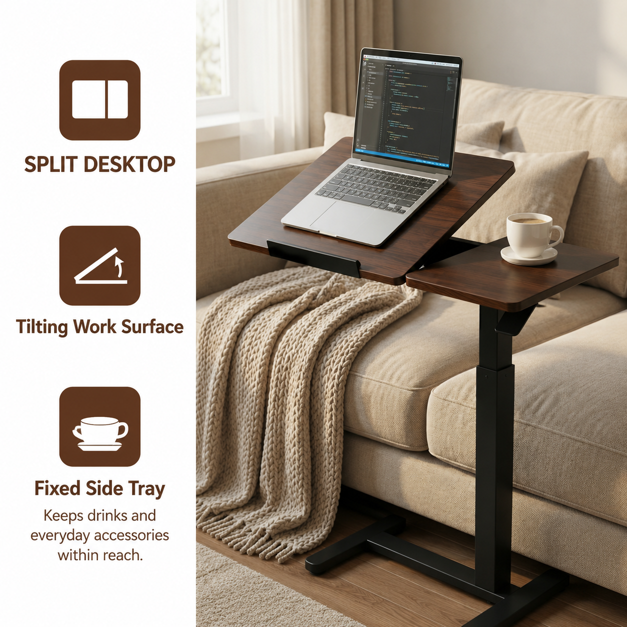 YoYo Casa FA116 Mobile Pneumatic Desk with Tilting Desktop – Dark Walnut