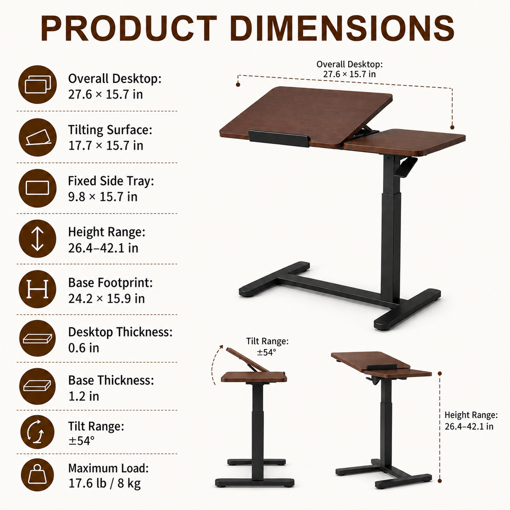 YoYo Casa FA116 Mobile Pneumatic Desk with Tilting Desktop – Dark Walnut