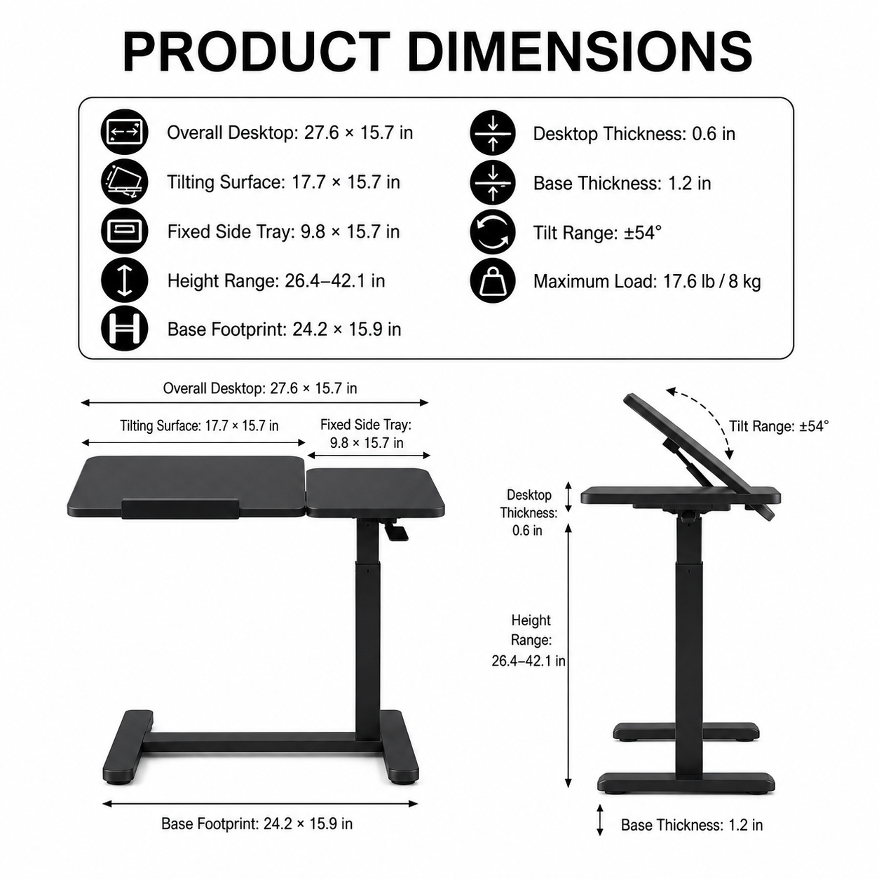 YoYo Casa FA116 Mobile Pneumatic Desk with Tilting Desktop – Black