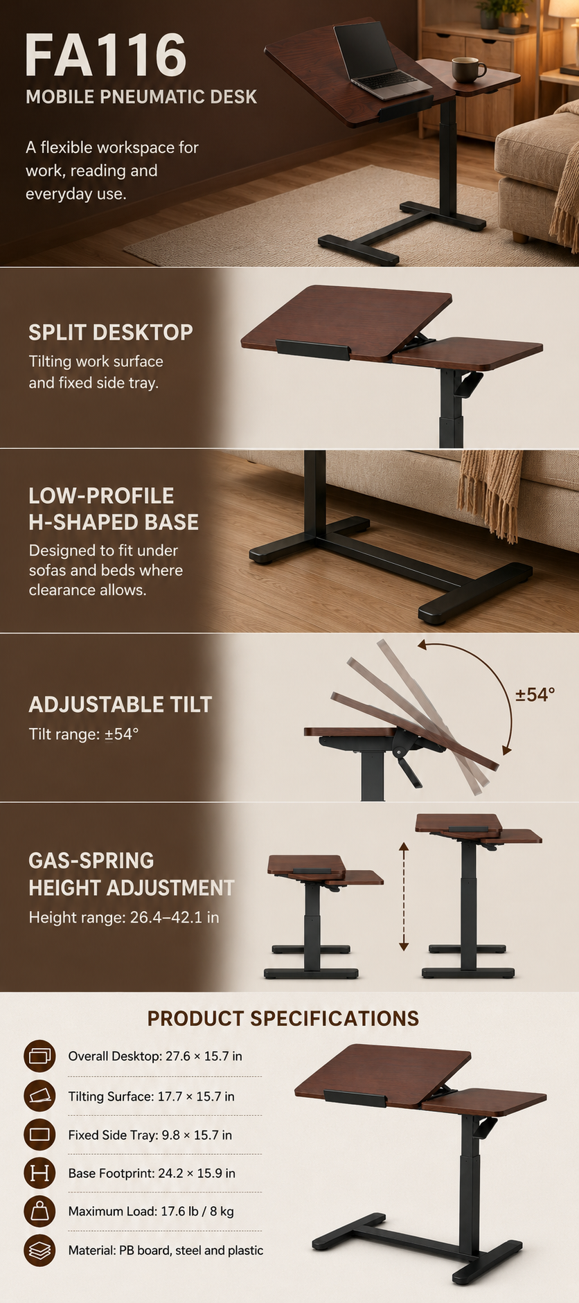 YoYo Casa FA116 Mobile Pneumatic Desk with Tilting Desktop – Dark Walnut — product details