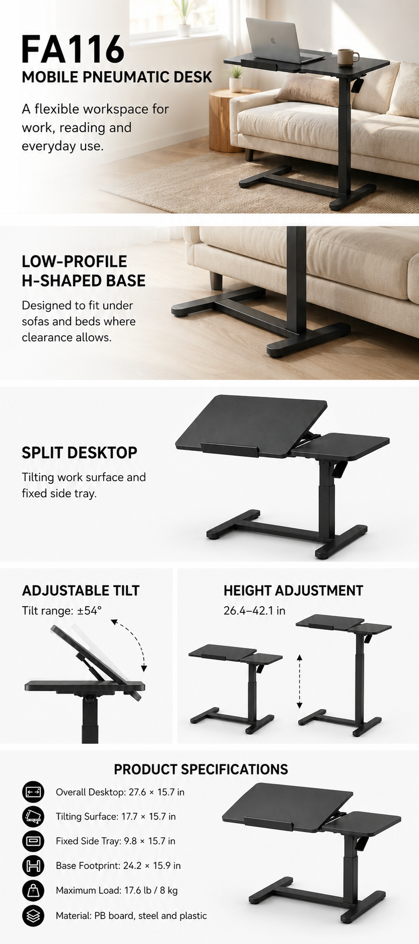 YoYo Casa FA116 Mobile Pneumatic Desk with Tilting Desktop – Black — product details