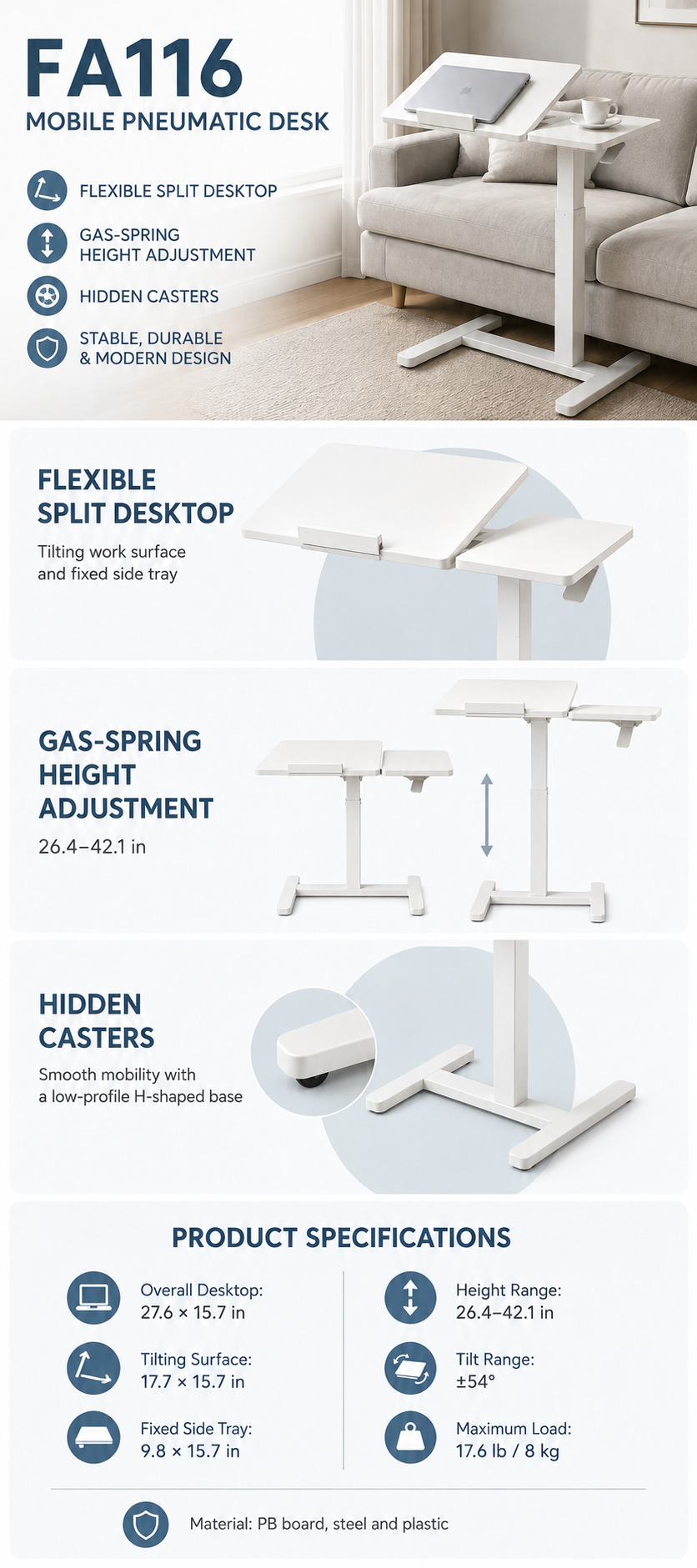 YoYo Casa FA116 Mobile Pneumatic Desk with Tilting Desktop – White — product details